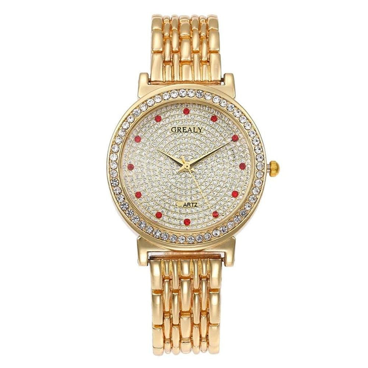 Shein- 1pc Rhinestone Decor Round Pointer Quartz Watch & 1pc Bracelet- Strap Gold