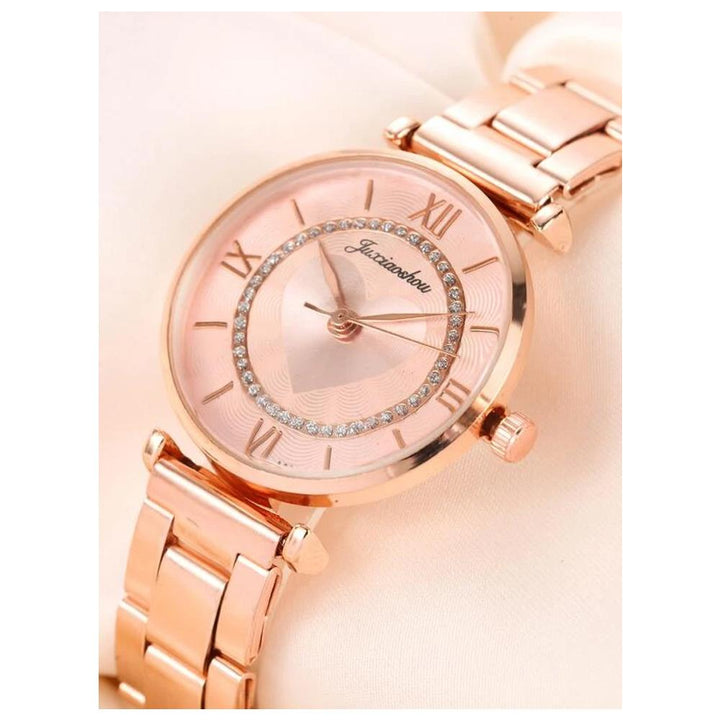 Shein- 1pc Rhinestone Decor Round Pointer Watch & 1pc Bracele- Rose Gold Case