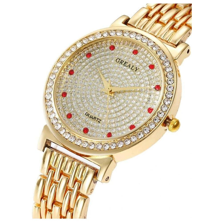 Shein- 1pc Rhinestone Decor Round Pointer Quartz Watch & 1pc Bracelet- Strap Gold