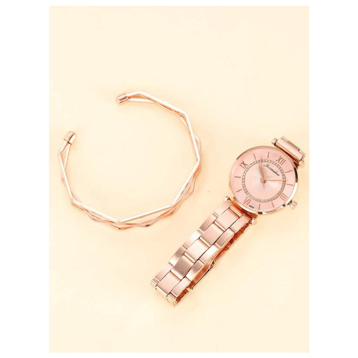 Shein- 1pc Rhinestone Decor Round Pointer Watch & 1pc Bracele- Rose Gold Case