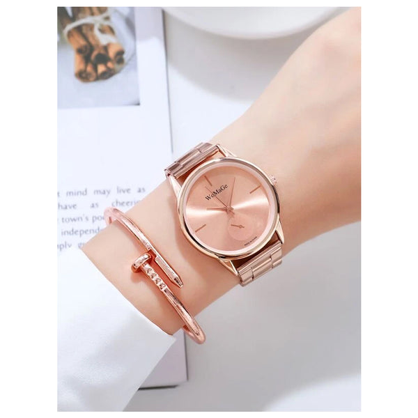 Shein- Solid Round Dial Quartz Watch & 1pc Bangle Bracelet- Pink