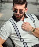 Weave Wardrobe - "Timeless Fusion' Men's White Zipper Polo with Grey Striped Twill Tape “