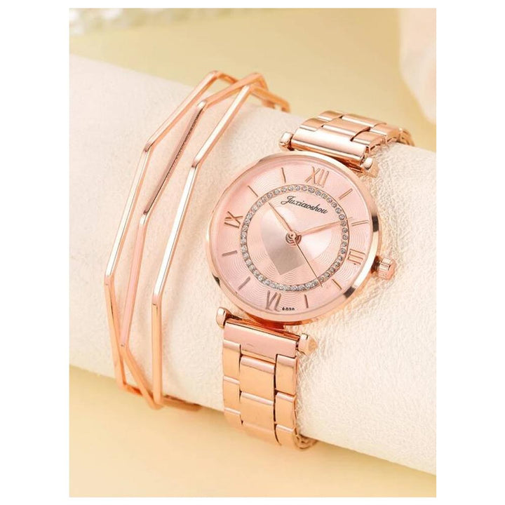 Shein- 1pc Rhinestone Decor Round Pointer Watch & 1pc Bracele- Rose Gold Case