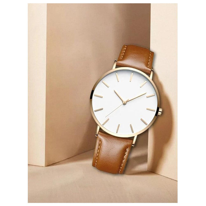 Shein- Men Round Pointer Quartz Watch- Brown Belt