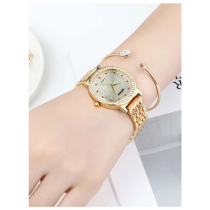 Shein- 1pc Rhinestone Decor Round Pointer Quartz Watch & 1pc Bracelet- Strap Gold