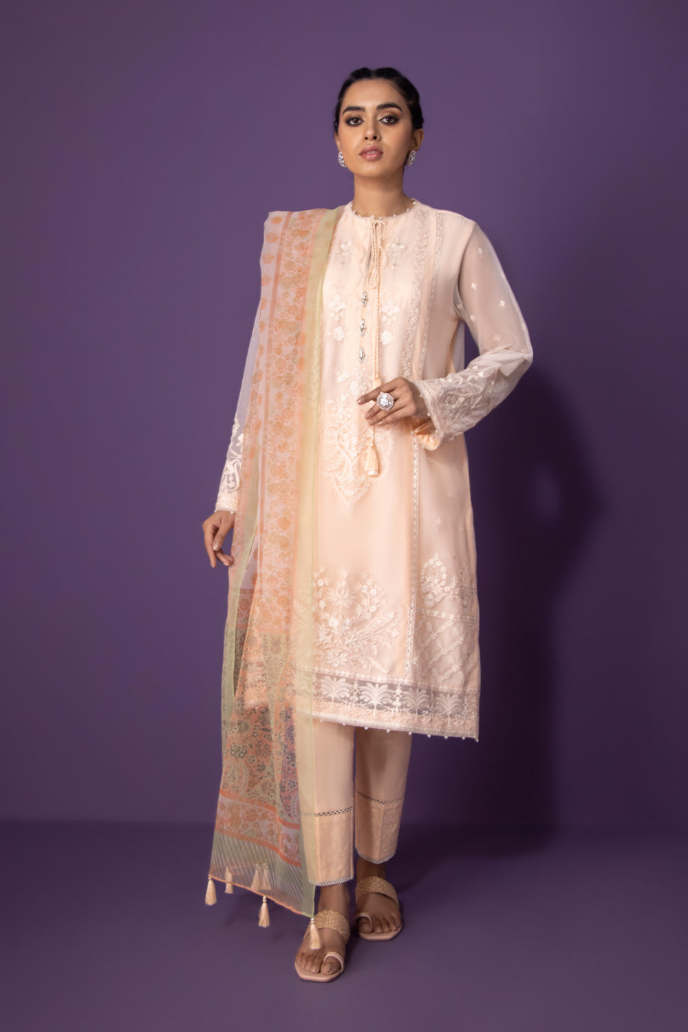 Sapphire 2 Piece - Embroidered Net Suit Peach