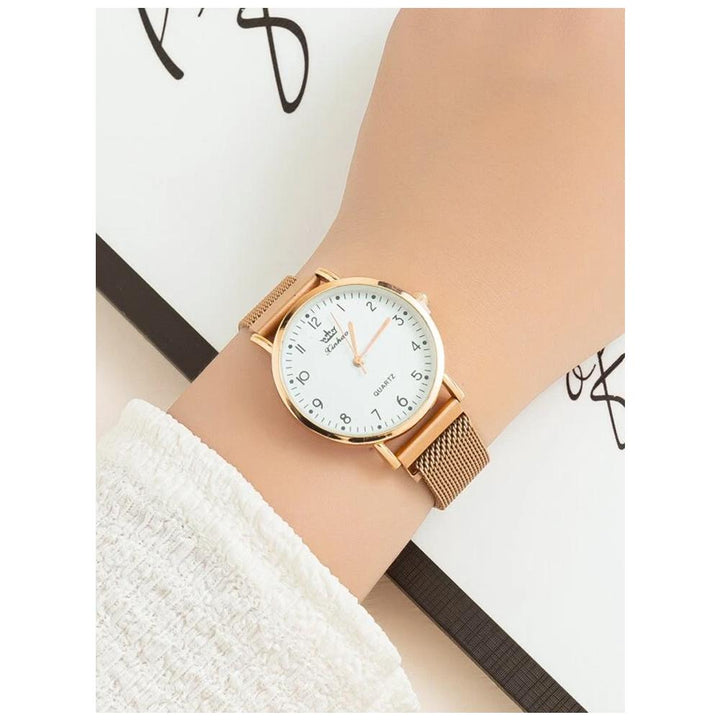 Shein- Mesh Strap Round Pointer Quartz Watch- White