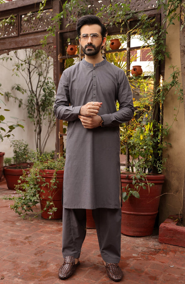 Summer'22 Men Casual Embroidery Kameez Shalwar Charcoal