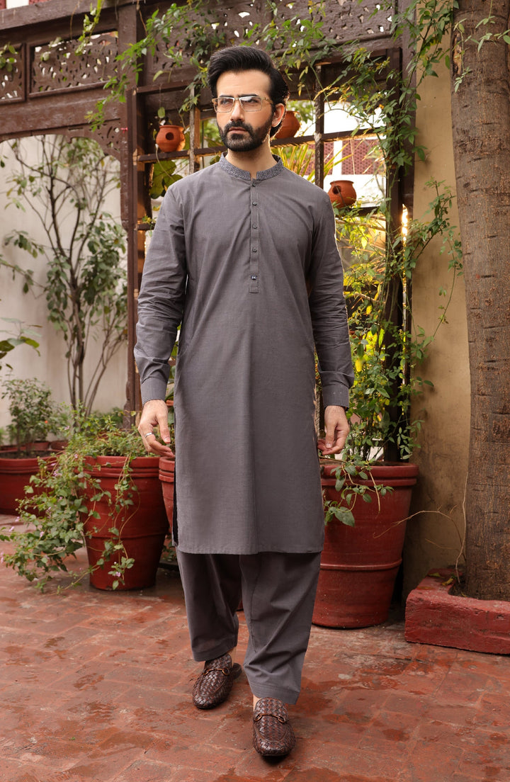 Summer'22 Men Casual Embroidery Kameez Shalwar Charcoal