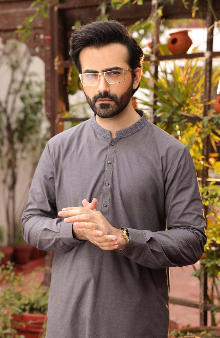 Summer'22 Men Casual Embroidery Kameez Shalwar Charcoal