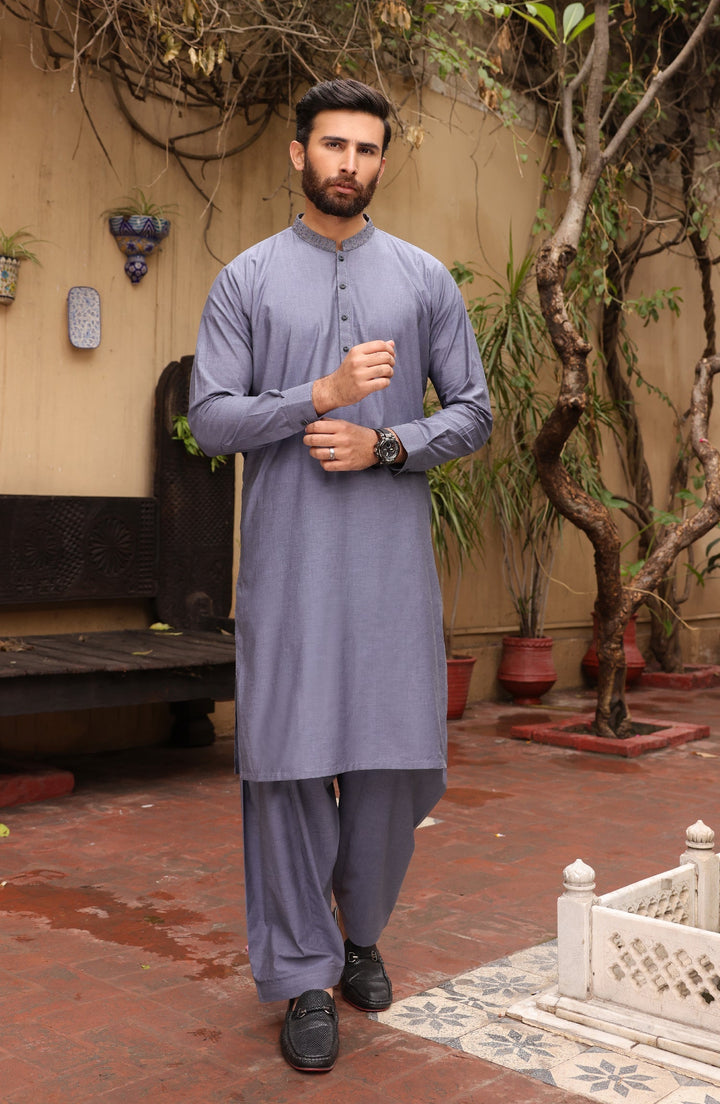 Summer'22 Men Casual Embroidery Kameez Shalwar Blue