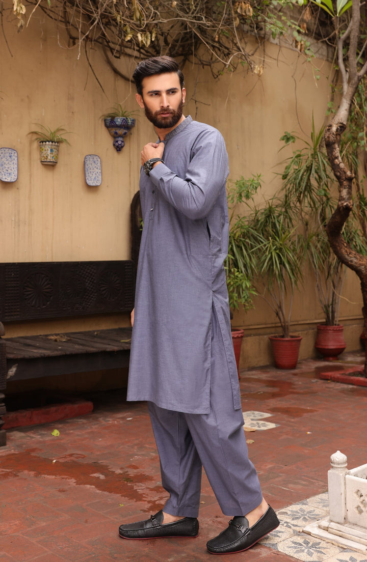 Summer'22 Men Casual Embroidery Kameez Shalwar Blue