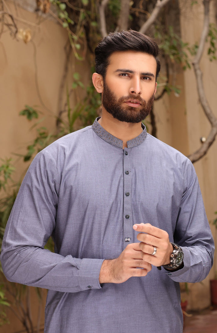 Summer'22 Men Casual Embroidery Kameez Shalwar Blue