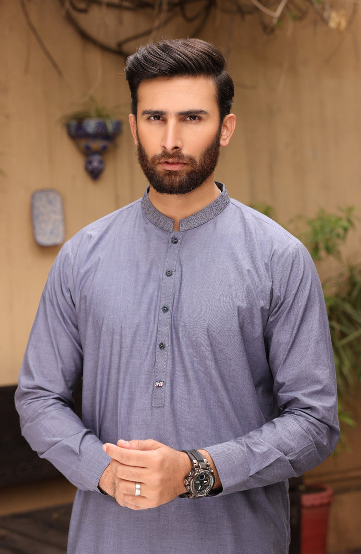 Summer'22 Men Casual Embroidery Kameez Shalwar Blue