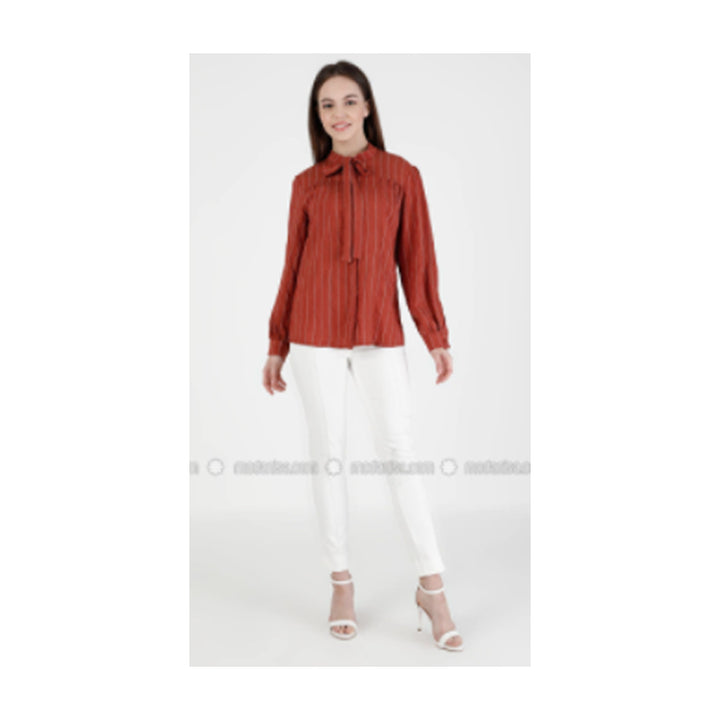 Fashion- Light Terra Cotta - Stripe - Point Collar - Blouses