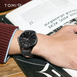 Tomi Black Dial Day Date Quartz Wrist Watch Black Leather Strap Watch