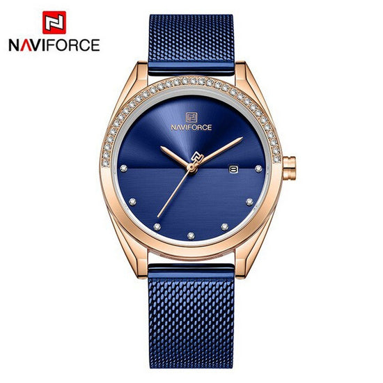 NAVIFORCE- NF5015 Black Mesh Stainless Steel Analog Watch For Women - Gold Blue