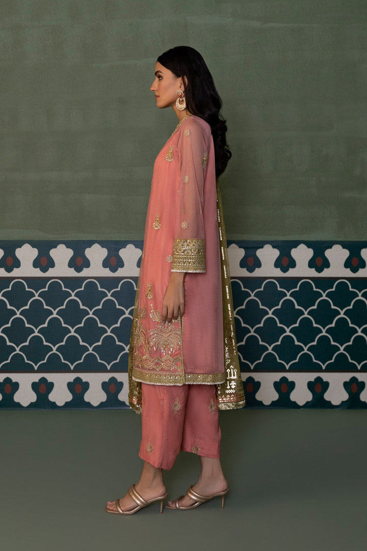 Womens Ready To Wear Peach Embroidered Three Piece Suit