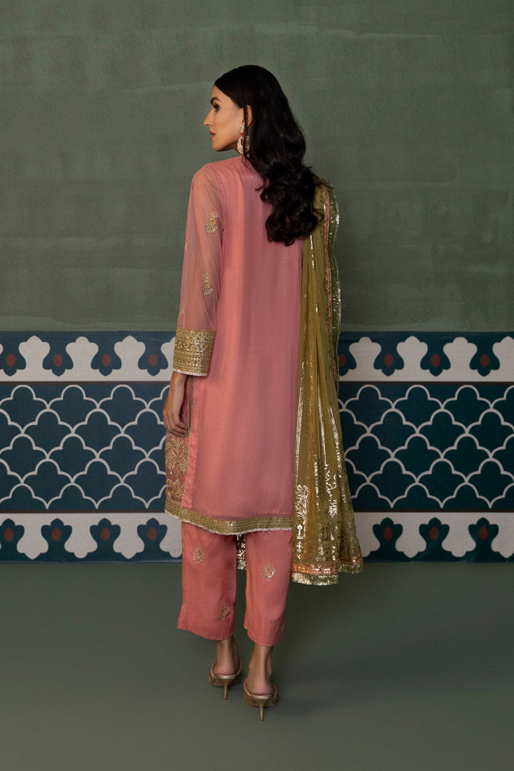 Womens Ready To Wear Peach Embroidered Three Piece Suit