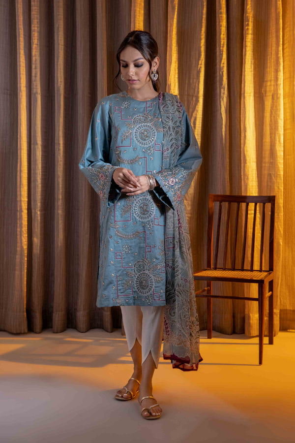 Sapphire- 2 Piece - Embroidered Cotton Suit