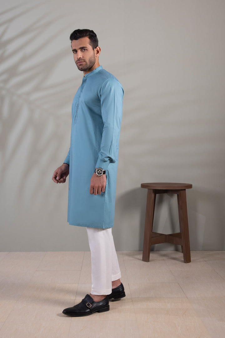 Green Cotton Dobby Kurta Menswear