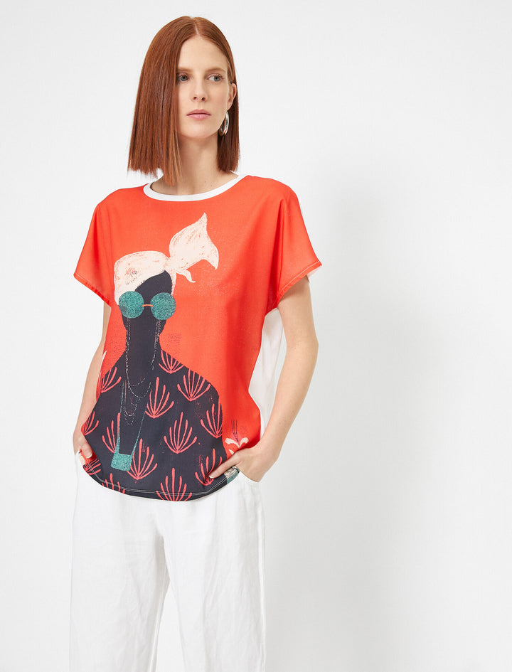 KOTON - WOMEN TSHIRT SS CORAL DESIGN