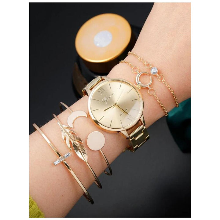 Shein- 1pc Round Pointer Quartz Watch & 5pcs Bracelets