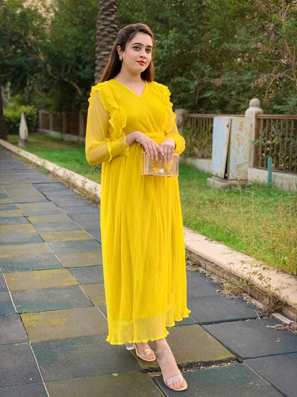 Mardaz- Glimmer Pleated Yellow Dress Md8644- Yellow