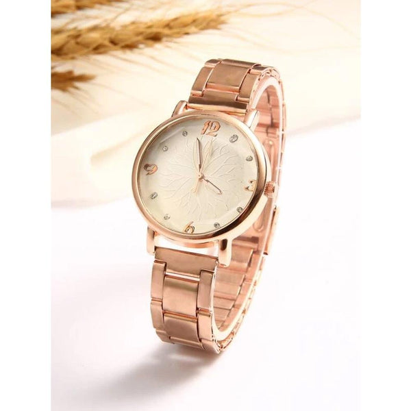 Shein- Rhinestone Decor Round Pointer Quartz Watch- Rose Gold