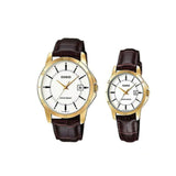 His & Her White Dial Leather Band Couple Watch MTP/LTP-V004GL-7AA