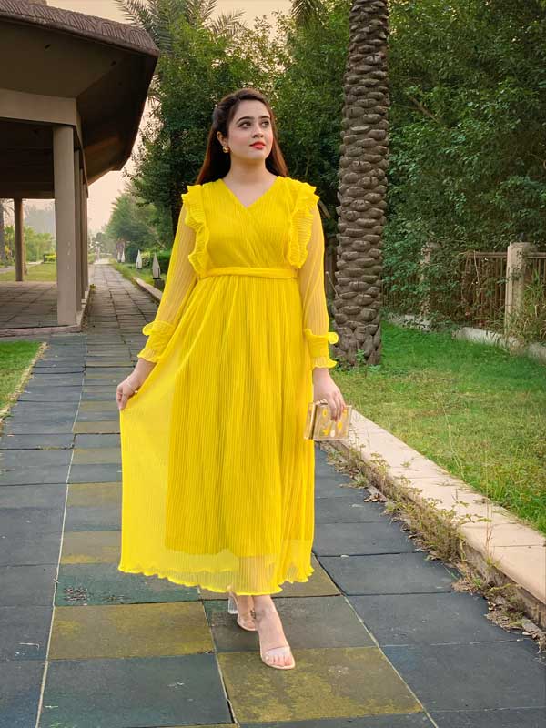 Mardaz- Glimmer Pleated Yellow Dress Md8644- Yellow