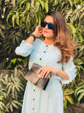 Mardaz- Shirred Button Front Shirt Dress For Women Md5054-Sky Blue