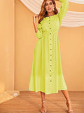 Mardaz- Shirred Button Front Shirt Dress For Women Md5050- lime yellow