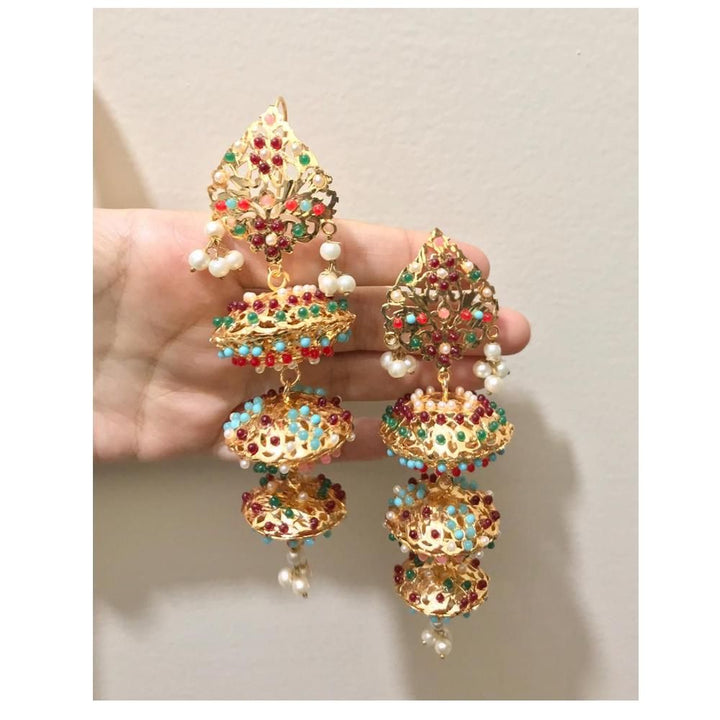 House Of Jewels- 3 Layered Nauratan Jhumkas