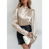 Shein- Stand Neck Fold Pleated Satin Blouse