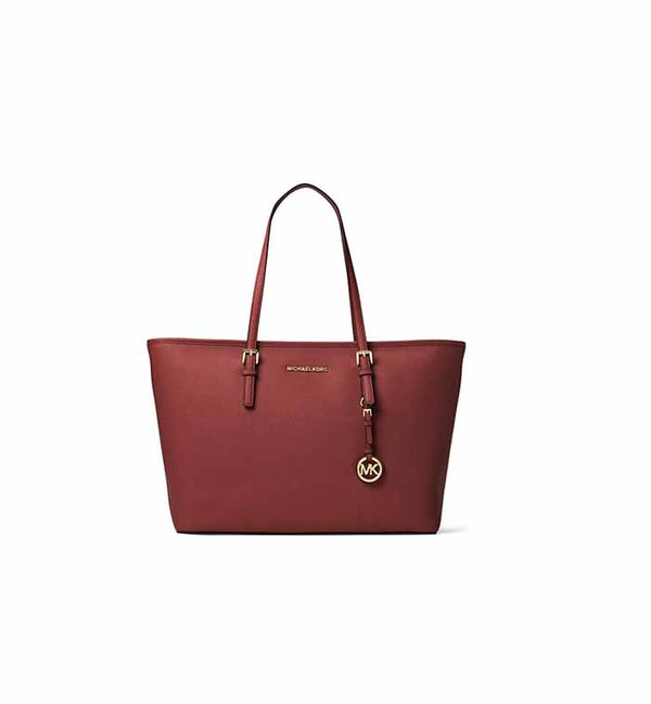 Micheal Kors- Jet Set Medium Saffiano Leather Top-Zip Tote Bag- Brandy