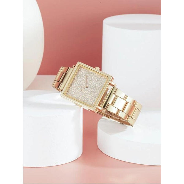 Shein- Square Pointer Alloy Quartz Watch- Rose Gold