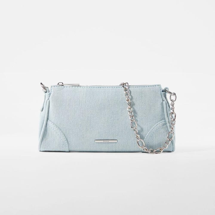 Bershka- Mini handbag with chain and corner details - Light Blue