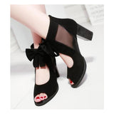 CSS- Flock Leather Peep Toe Thick Heels Women Sandals- Black