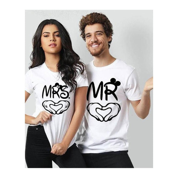 Wf Store- Pack Of 2 MRS. MR Printed Half Sleeves Tee - White