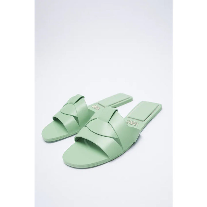 Zara- Flat Leather Criss-Cross Strap Sandals- Sea Green – Bagallery