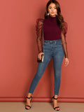 SHEIN Mock-neck Mesh Puff Sleeve Top