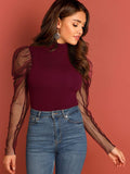 Shein- Mock-neck Mesh Puff Sleeve Top