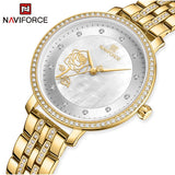 Naviforce- Luxury Brand Female Fashion Quartz Stainless Steel Waterproof Wrist Watch-NF5017 Gold