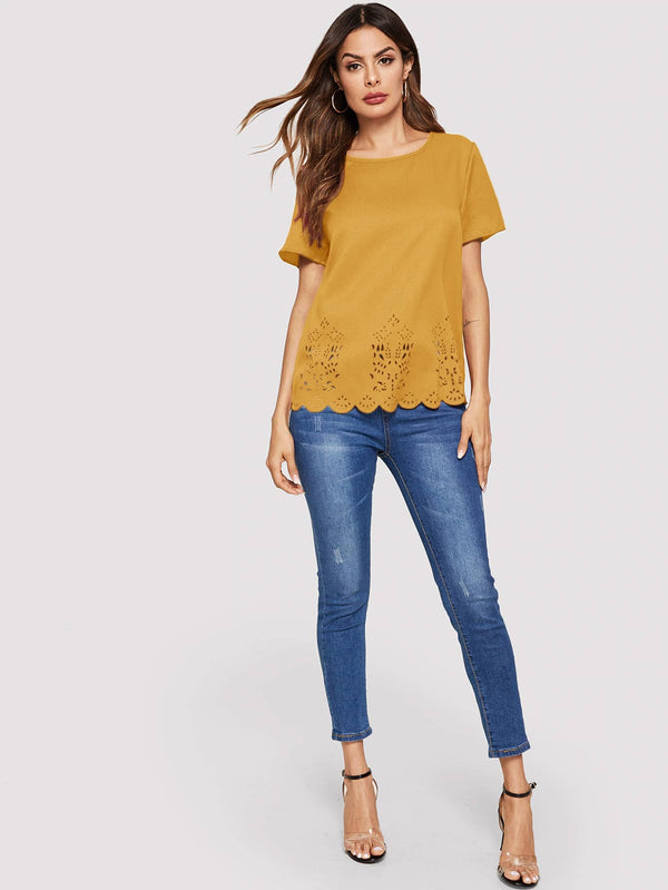 Shein- Scallop Edge Laser Cut Top