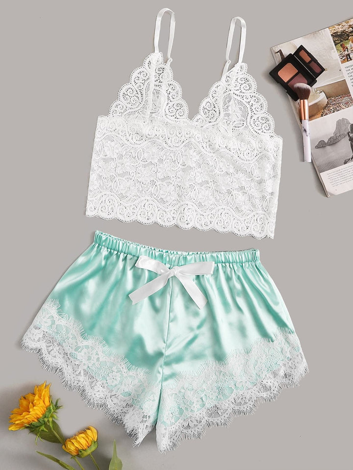 Shein- Floral Lace Bralette With Satin Shorts