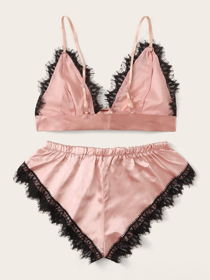 Shein- Eyelash Floral Lace Satin Lingerie Set