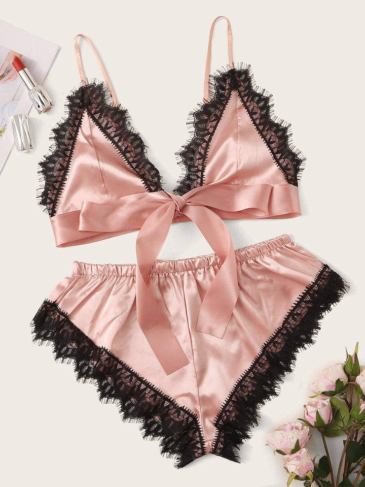 Shein- Eyelash Floral Lace Satin Lingerie Set