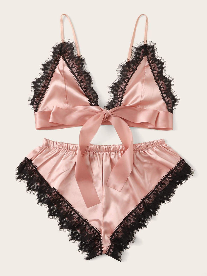 Shein- Eyelash Floral Lace Satin Lingerie Set