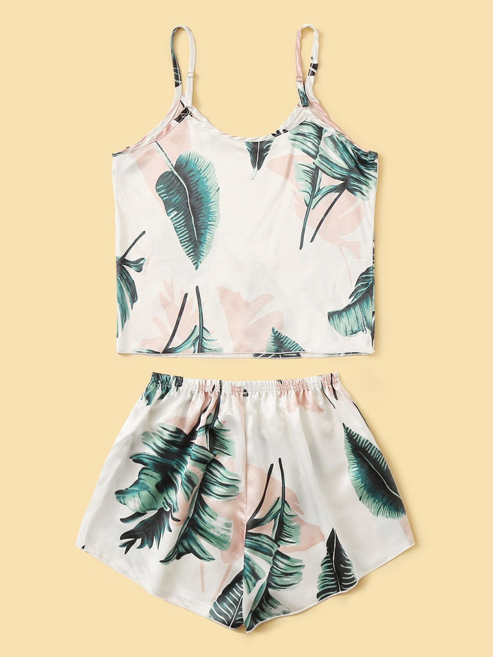 Shein- Tropical Print Satin Cami PJ Set